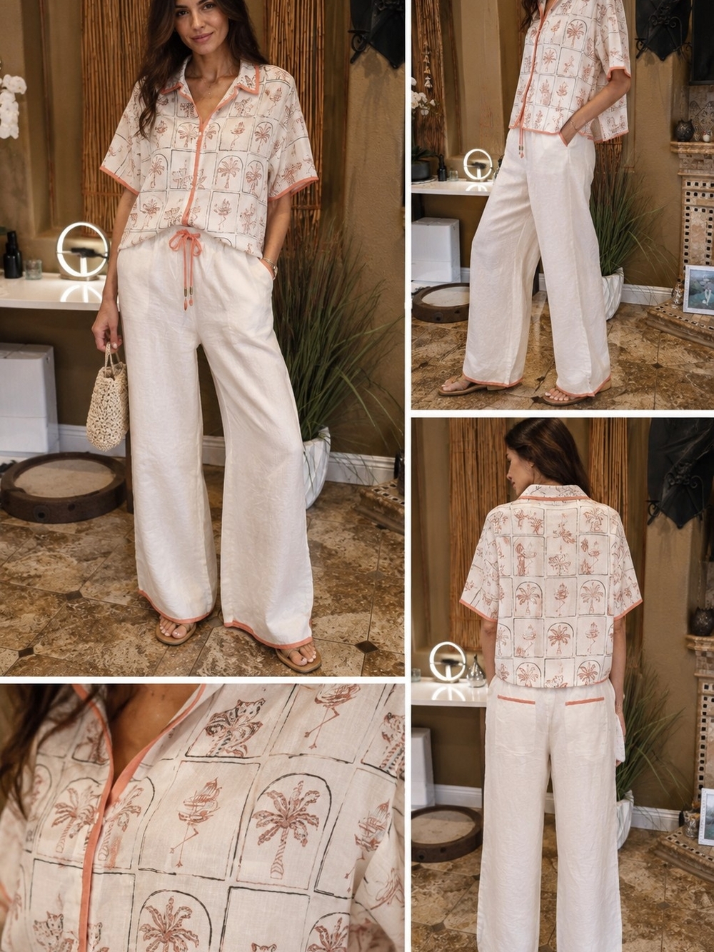 C&C California Cream Linen Drawstring Pantsuite with Coral Trim